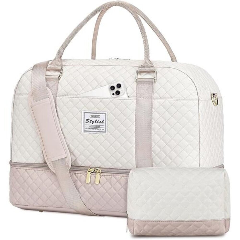 Beige travel duffle bag women weekender overnight tote carry on bag with
